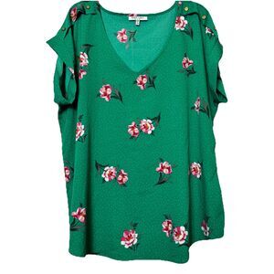 Speed Limit Plus Size Green Floral V-Neck Blouse Button Detail Cottagecore 2X